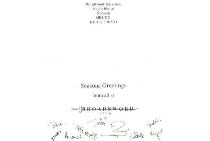 Signatures inside the Christmas card Paul Boland received from Broadsword.
