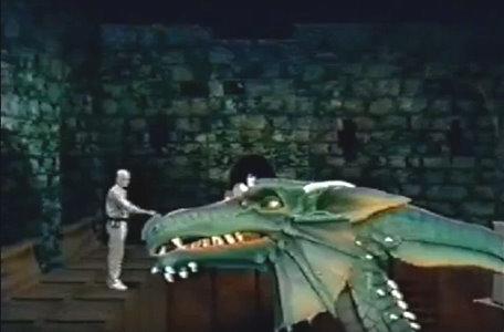 Outtakes and additional footage: crew member appears to pet Smirkneorff the Dragon.