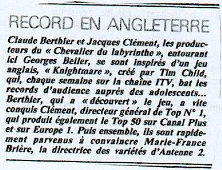 A press release snippet of Le Chevalier du Labyrinthe.