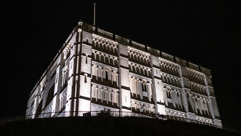 A nighttime image of Norwich Castle Gardens, where the end of the Midnight Hunt was staged