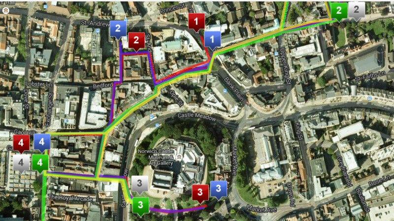 A map of Norwich City Centre showing potential routes for the gameplayers was created during the planning stages of the Midnight Hunt