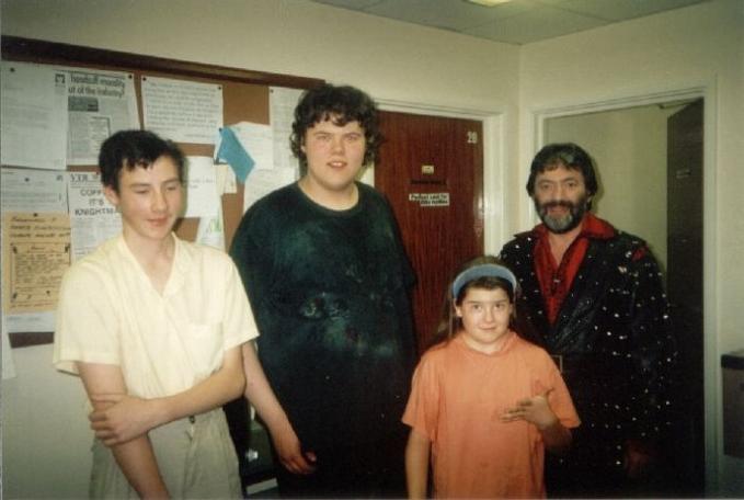 Paul Boland and friends meet Hugo Myatt (Treguard) by the dressing rooms.