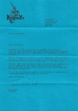 A 1995 letter from Broadsword on blue paper informing applicants that Knightmare had ended.