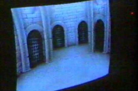 View from the edit suite as portcullises appear over the doors in the dungeon room. Behind the scenes on Knightmare.
