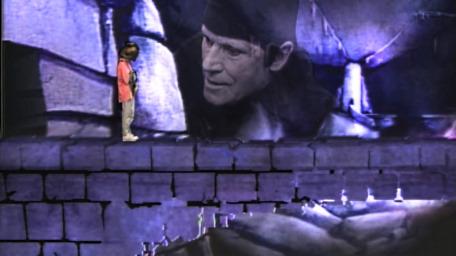 The collapsing bridge, based on a handpainted scene by David Rowe, as shown on Series 4 of Knightmare (1990).