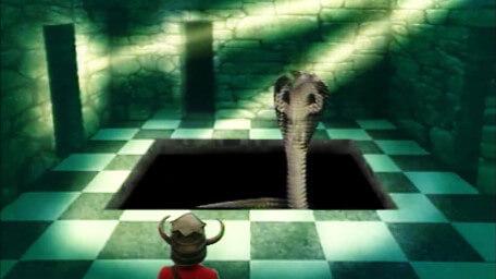The Lair of Kaa (Level 3 version), based on a handpainted scene by David Rowe, as shown on Series 3 of Knightmare (1989).