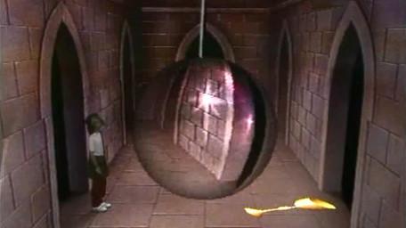 A Pendulum Corridor, based on a handpainted scene by David Rowe, as shown on Series 2 of Knightmare (1988).