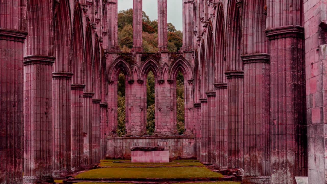 Rievaulx Abbey in North Yorskhire, with amended hue to recreate the scene in Knightmare.