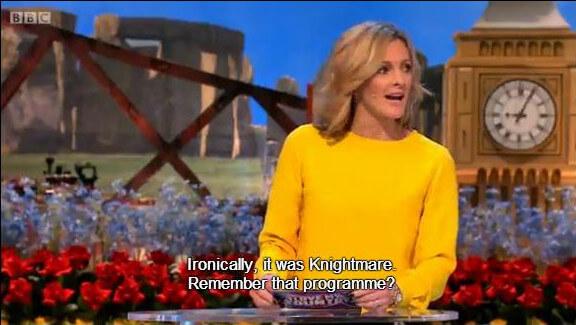 Knightmare is mentioned by Gaby Logan as the answer to a question on the BBC's 'I Love My Country'.
