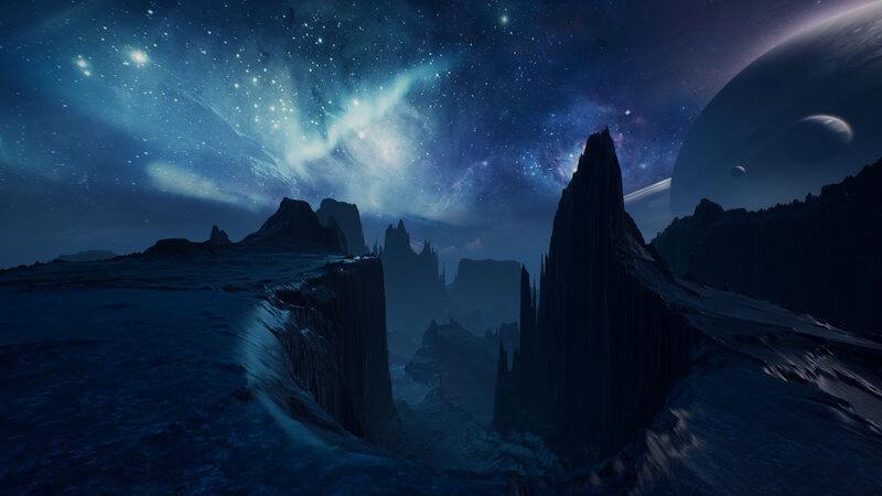A dark landscape of clifftops and nebulas. Generated by the Unreal Engine. 'Elite Landscapes' by Velarion via Epic Games.