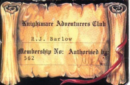 Robin Barlow's Knightmare Adventurers Club membership card.