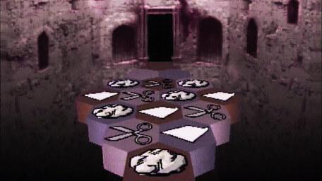 A causeway of rock, paper and scissors, as seen in Series 5 of Knightmare (1991).