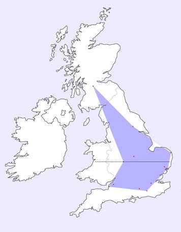 A UK map with dots to represent the locations of participating teams in Knightmare Series 3 (1989)