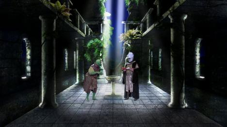 Lord Fear (Mark Knight) and Lissard (Cliff Barry) stood in conversation within Mount Fear, digitally remastered by David Rowe.