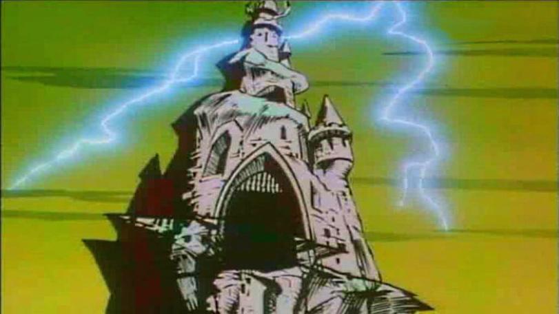 Lightning strikes over the castle in the original opening title sequences in Knightmare.