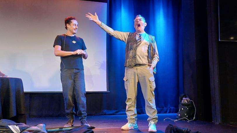 Mark Knight in rehearsal with Tom Bell at the Leicester Square Theatre, London. Credit: Jackie Vance