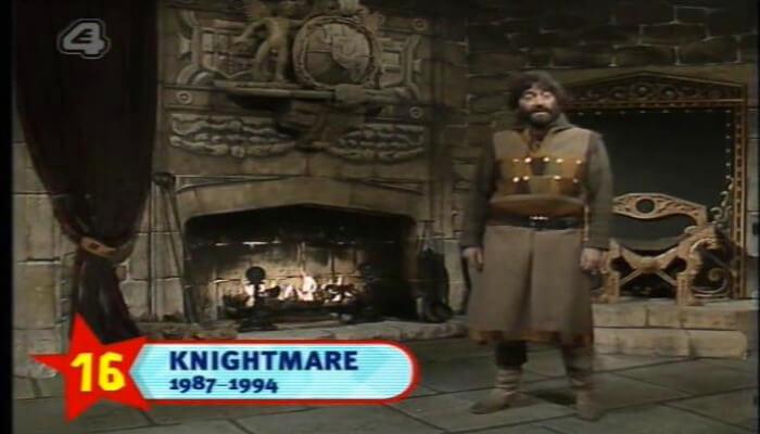Channel 4's 100 Greatest Kid's TV Shows (2001). Shot of Treguard (Hugo Myatt) from the first episode of Knightmare as the show lands 16th place in the list.