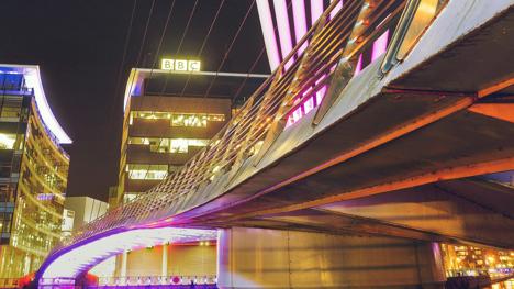 Night image of the BBC building at Salford Quays