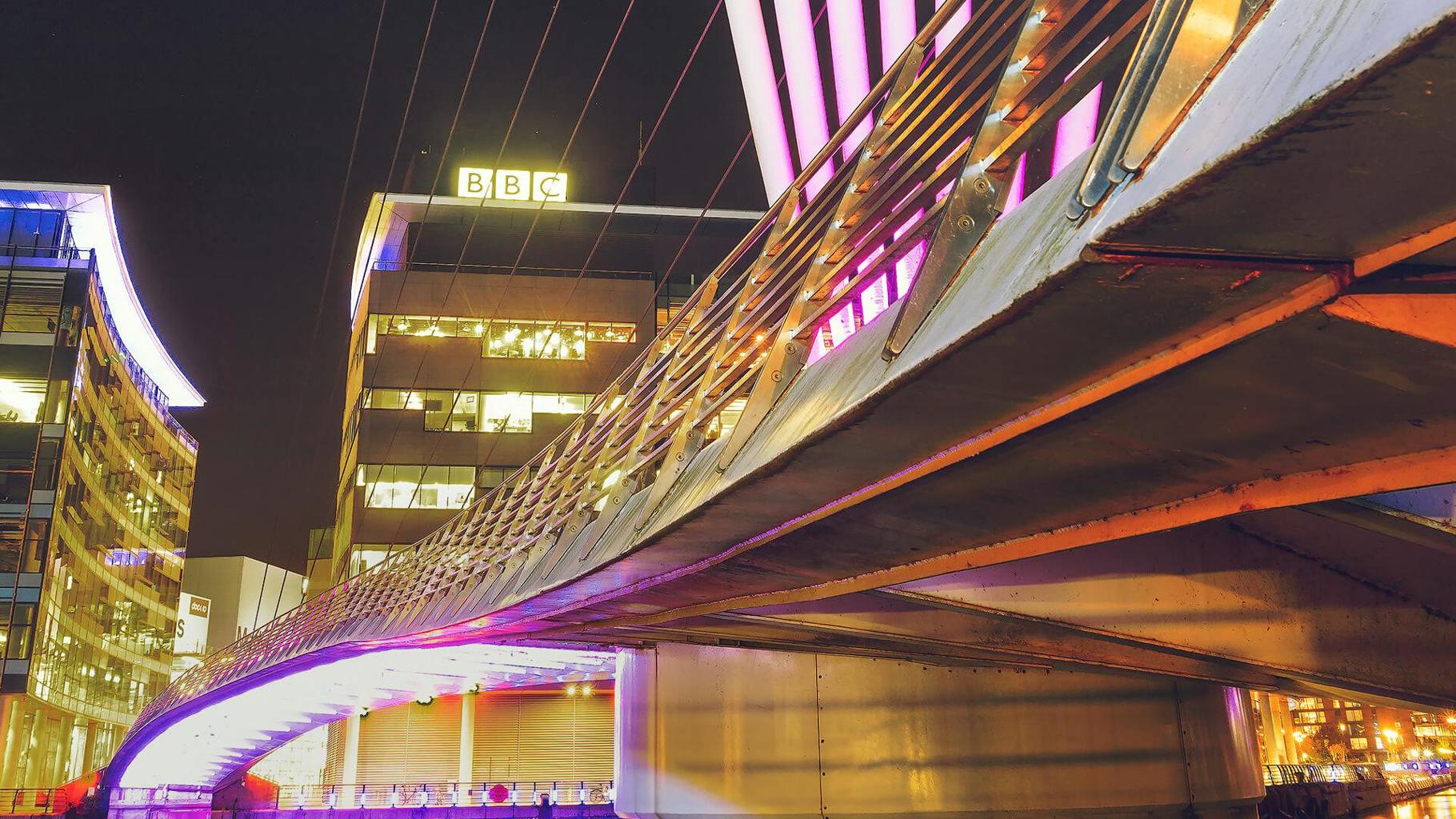 Night image of the BBC building at Salford Quays