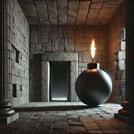 An AI generated Knightmare-inspired scene of a bomb room with the fuse lit.
