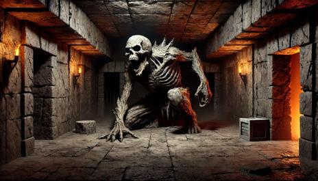 An AI generated Knightmare-inspired scene featuring a skeletal monster (catacombite)