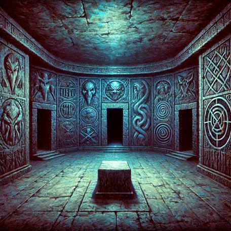 An AI generated Knightmare-inspired scene of a icy blue lit cave with a choice of exits at the back wall.