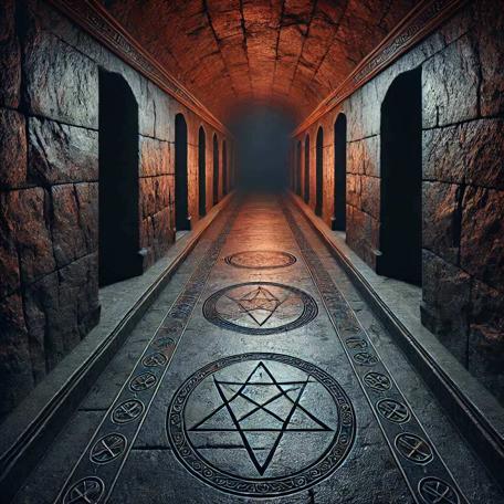 An AI generated Knightmare-inspired scene of a dark corridor with symbols on the floor