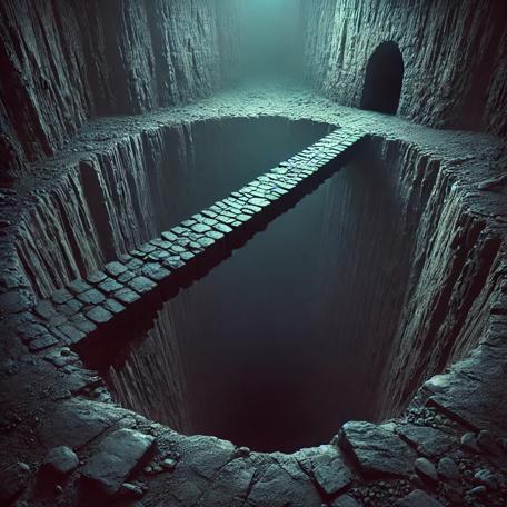 An AI generated Knightmare-inspired scene of a circular pathway around a pit and a very narrow crossing through the middle.