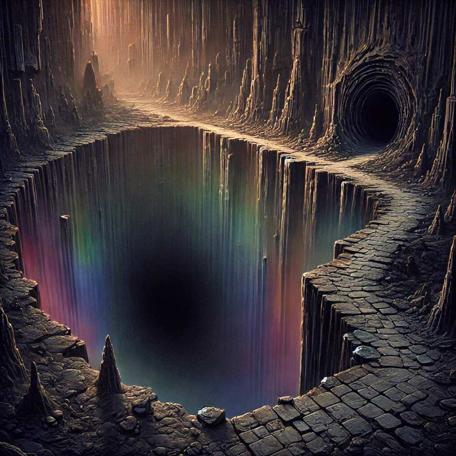 An AI generated Knightmare-inspired scene of a clearing formed of a narrow ledge surrounding a pit lit with halo colours.