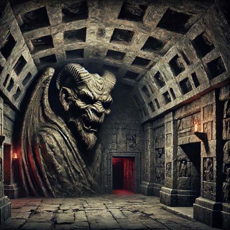 An AI generated Knightmare-inspired scene of a brick room overlooked by a horned guardian
