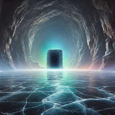 An AI generated Knightmare-inspired scene of a long sheet of ice with cracks and an exit in the distance.