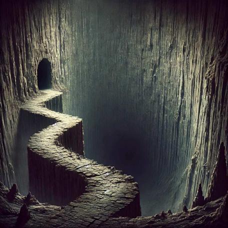 An AI generated Knightmare-inspired scene of a narrow pathway leading into a cave in the background