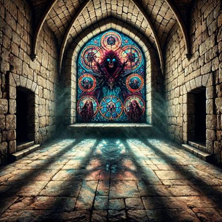 An AI generated Knightmare-inspired scene of a crypt dominated by a stained glass window