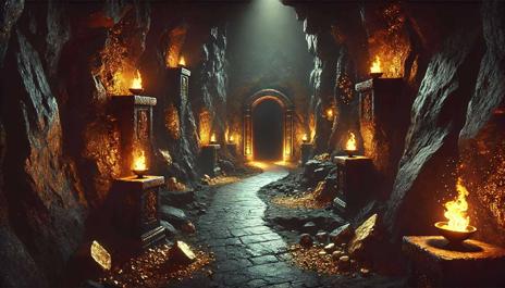 An AI generated Knightmare-inspired scene of a winding pathway through a dark cave or riches, lit by flaming torches and glittering minerals on the floor.