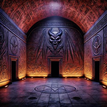 An AI generated Knightmare-inspired scene of a room with three door, lit in violet and orange.