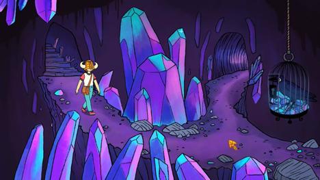An in-screen shot from Ewen Watson's new point-and-click adventure game. Shows a dungeoneer in a cavern with stalagmites.