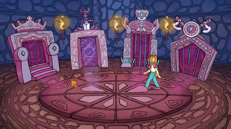 An in-game shot from Ewen Watson's new point-and-click adventure game for PC. Features a version of the place of choice. Routes for the crown, cup and shield are sealed, while the route for the sword is open.