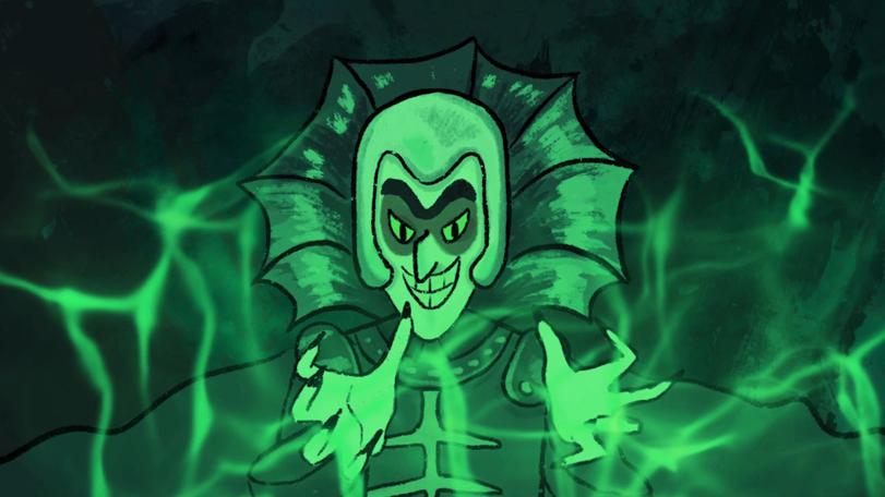 An in-game shot from Ewen Watson's new point-and-click adventure game for PC. Shows Lord Fear scheming and grinning within a green mist.