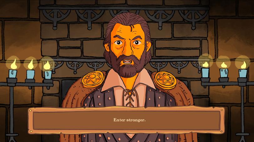 An in-game shot from Ewen Watson's new point-and-click adventure game for PC. Features Treguard in the antechamber announcing 'Enter, stranger!'