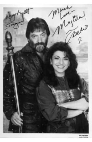 A 1993 character card of Treguard (Hugo Myatt) and Majida (Jackie Sawiris).