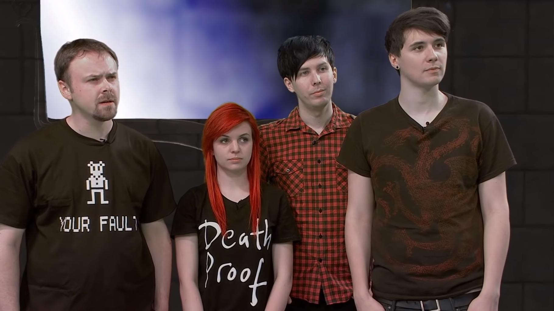 Contestants for Knightmare Geek Week 2013 episode: Stuart Ashen, Emma Blackery, Phil Lester, Dan Howell