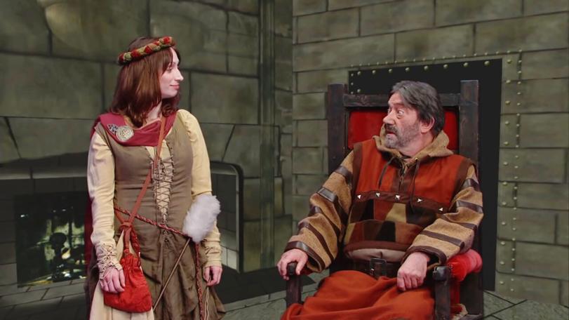 Hugo Myatt as Treguard and Isy Suttie as Veruca in the Geek Week episode of Knightmare (2013).