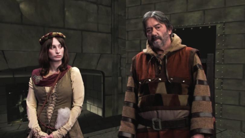 Hugo Myatt as Treguard and Isy Suttie as Veruca in the 2013 Geek Week episode of Knightmare.