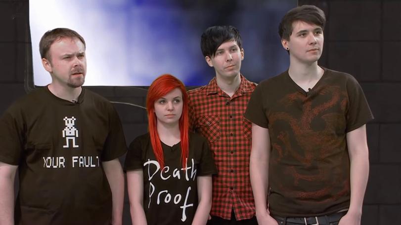 An inline image of the team for the Geek Week episode of Knightmare: Stuart Ashen, Emma Blackery, Phil Lester and Dan Howell.