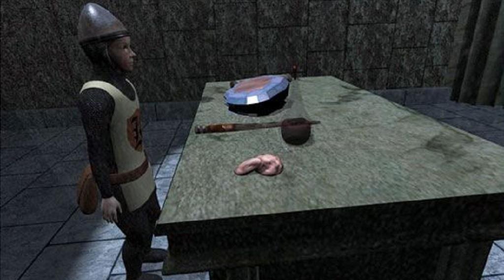 Dungeoneer Arthur at clue table, Knightmare VR 2004