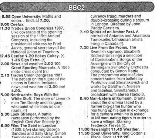 A television schedule for BBC Two on 7 September 1987, the day of the first episode of Knightmare.