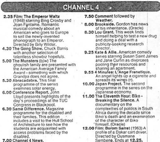 A television schedule for Channel Four on 7 September 1987, the day of the first episode of Knightmare.
