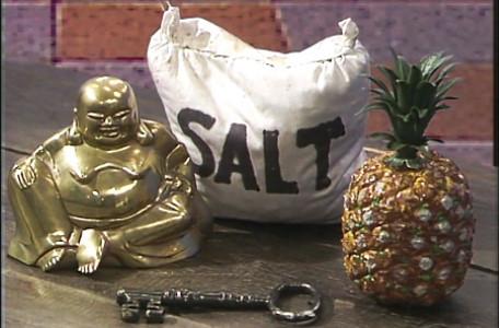 Knightmare Series 1 Team 4. The clues in the Level 1 clue room include a Buddha and a bag of salt.