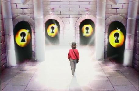 Knightmare Series 1 Team 5. Helen walks across a key to unlock a door.