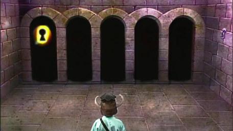 A variant of the Puzzle Room, based on a handpainted scene by David Rowe, as shown on Series 1 of Knightmare (1987).